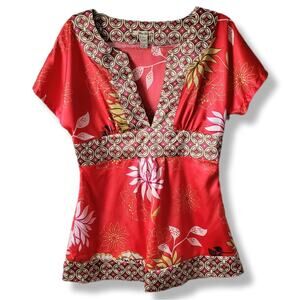 Y2K Women Red Floral Satin Asian Kimono Top M Babydoll Romantic Tattoo Twee VTG